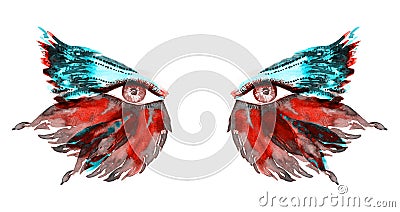 Red fairy eyes with makeup, red and green turquoise wings of butterfly shape eyeshadows Cartoon Illustration