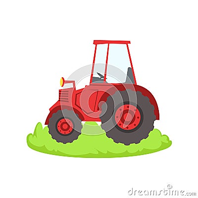 Red Farm Truck Cartoon Related Element On Patch Of Green Grass Vector Illustration