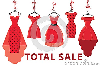 Red fashion women's dresses hang on ribbon.Big sale Vector Illustration