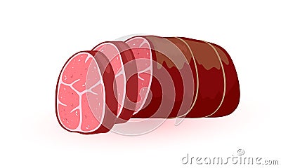 Red fat sausage, kielbasa, salami, mortadella, pepperoni with slices. Vector meat product. Vector Illustration