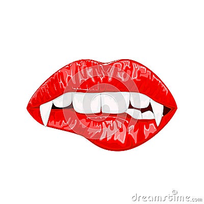 Red female lips with vampire fangs Vector Illustration