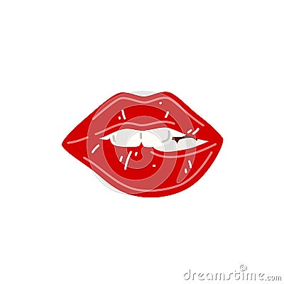 Red female sexy lips. Biting lips with red lipstick. Vector illustration Vector Illustration