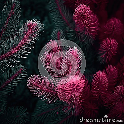 Red fern leaves. Pine branches on dark backdrop of young pine forest. Stock Photo