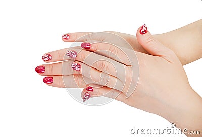 red festive manicure with white lace on the long nails Stock Photo