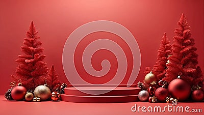 Red festive podium decoration with New Year's attributes. Generative AI Stock Photo