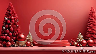 Red festive podium decoration with New Year's attributes. Generative AI Stock Photo