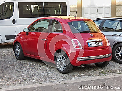 Red Fiat New 500 car in Bergamo Editorial Stock Photo