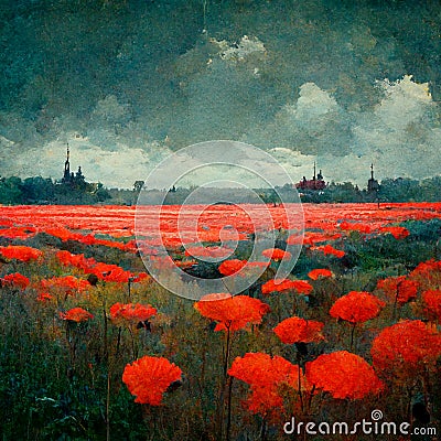 Red Field of Poppies Meadow Landscape Wartime Remembrance Poppy Flower Symbol Generative AI Cartoon Illustration