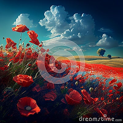 Red Field of Poppies Meadow Summer Landscape Wartime Remembrance Poppy Flower Symbol Generative AI Cartoon Illustration