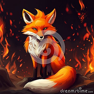 red fiery flaming fox illustration background Cartoon Illustration