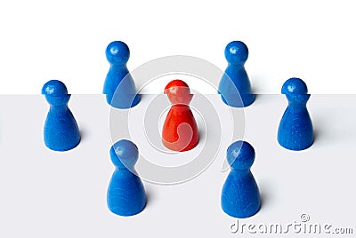 Red figure in the middle of 6 figures. Business concept for leadership, teamwork or groups. Isolated on white background Stock Photo