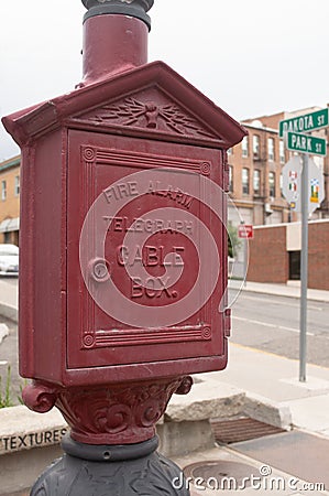 Red fire alarm telegraph cable box in Butte, Montana Editorial Stock Photo