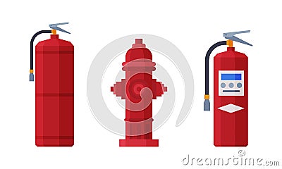 Red Fire Extinguisher and Hydrant as Firefighting Equipment Vector Set Vector Illustration