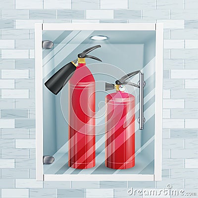 Red Fire Extinguisher In Wall Niche Vector. Metal Glossiness 3D Realistic Red Fire Extinguisher Illustration Vector Illustration