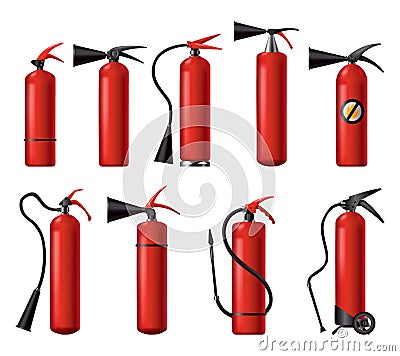 Red fire extinguishers set. Isolated portable fire-fighting units of different shape. Firefighters tools for flame Vector Illustration