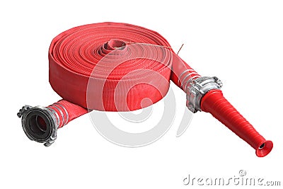 Red fire fighting hose soft pipe, Isolated on white background. Stock Photo