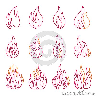 Red fire flat icons and signs set isolated on white background for danger concept or logo design Vector Illustration