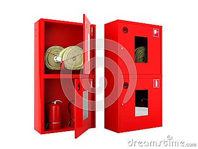 Red fire hose and fire extinguisher cabinets on white background Stock Photo