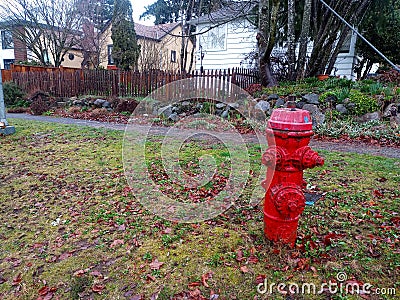 A red fire hydrant, faucet or fire hydrant, a water intake to provide a flow rate in the event of a fire. Water can be obtained fr Stock Photo