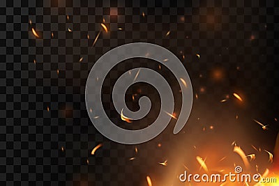 Red Fire sparks vector flying up. Burning glowing particles. Flame of fire with sparks in the air over a dark night Vector Illustration
