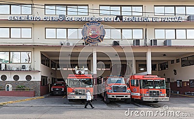 Red fire trucks in front of the ricardo arango fire station in panama city Editorial Stock Photo