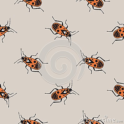 Red firebugs geometric seamless pattern in cartoon vintage style. Look other insects from the collection Vector Illustration