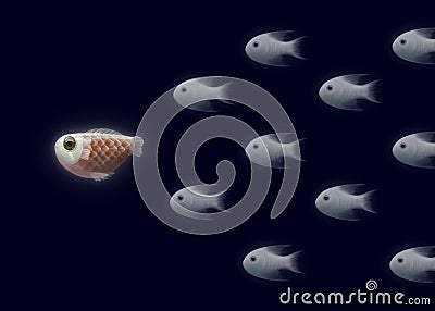 Red fish in group of white fishes Cartoon Illustration