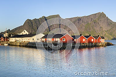 Red fishing hut (rorbu) on the Hamnoy island, Lofoten, Norway Stock Photo