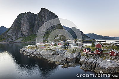 Red fishing hut (rorbu) on the Hamnoy island, Norway Stock Photo