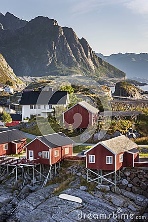 Red fishing hut (rorbu) on the Hamnoy island, Norway Stock Photo