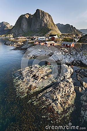 Red fishing hut (rorbu) on the Hamnoy island, Norway Stock Photo