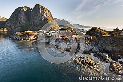 Red fishing hut (rorbu) on the Hamnoy island, Norway Stock Photo