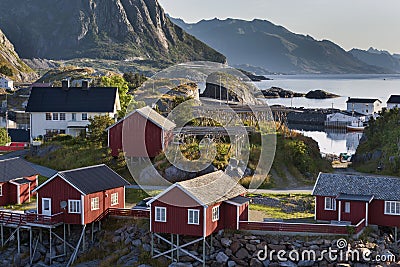 Red fishing hut (rorbu) on the Hamnoy island, Norway Stock Photo