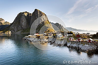 Red fishing hut (rorbu) on the Hamnoy island, Norway Stock Photo