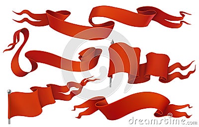 Red flags and ribbons. Vintage vector icon set Vector Illustration