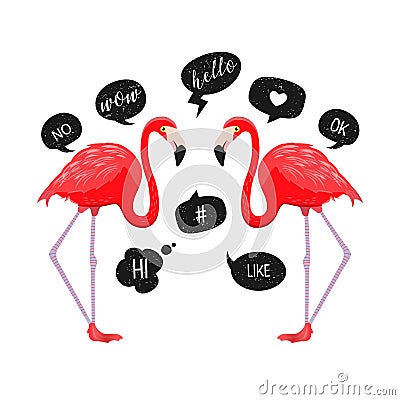 Red flamingos with speech bubbles icons. Vector illustration. Chat balloons. Funny Messages. Hello, wow, ok, like, hi Vector Illustration