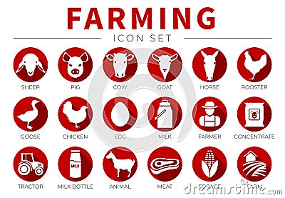 Red Flat Farming or Farm Icon Set of Sheep, Pig, Cow, Goat, Horse, Rooster, Goose, Chicken, Egg, Milk, Farmer, Concentrate, Stock Photo