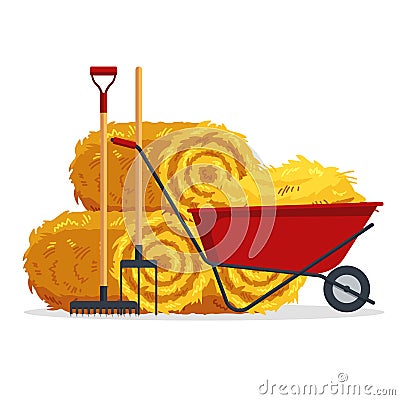Red flat gardening wheelbarrow with bale of hay, pitchfork, rake isolated on white background. Flat dried haystack Vector Illustration