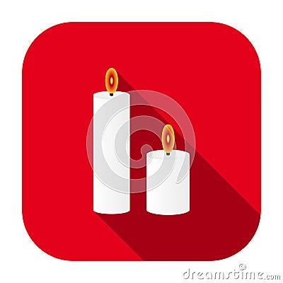 Red flat rounded square burning candles icon, button with long shadow. Vector Illustration