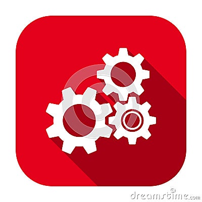 Red flat rounded square gear wheels icon, button with long shadow. Vector Illustration