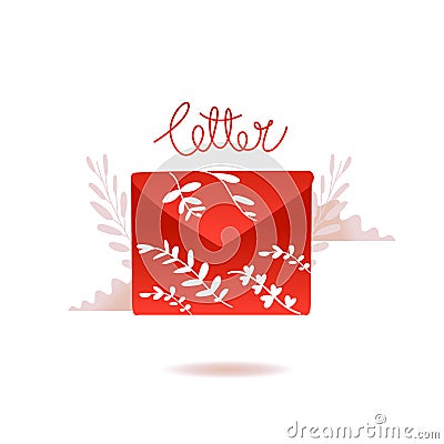 Red flat vector email letter with plants for my love, on the valentine`s day Vector Illustration