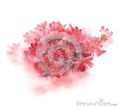 Red floral bouquet with blurred color splash on white background. Hand-painted watercolor illustration Cartoon Illustration