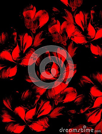 Red flower on black background. Painting and computer collage. Stock Photo