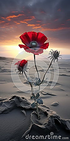 Red Flower In Desert Landscape: Hd Art Inspired By Mike Campau And Chris Leib Cartoon Illustration