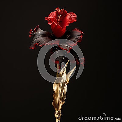 Black And Red Flower With Gold Leaves: A Stunning Artwork Inspired By Nadav Kander And Hyacinthe Rigaud Stock Photo