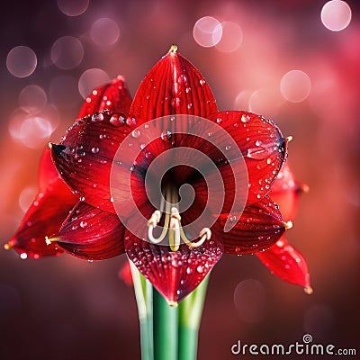 a red flower with water droplets on it's petals and a green stem with a red background with a blurry boke of light Stock Photo