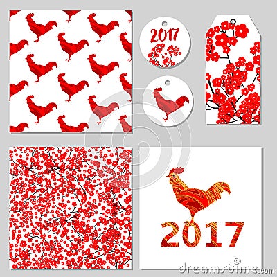 Red flowers and roosters seamless patterns, card, labels, tag. V Vector Illustration