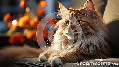 Red fluffy domestic cat lies resting in the sun Stock Photo