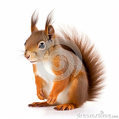 Red fluffy squirrel isolated on white close-up, Stock Photo