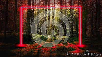 Red fluorescent neon laser lights in green magical forest landscape. Stock Photo